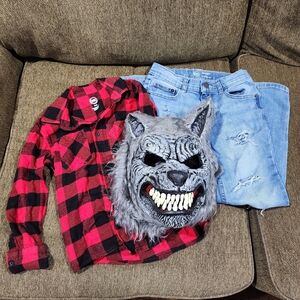 Wonder Nation Red and Black Plaid Kids Button-Down Shirt & Blue Jeans & WolfMask